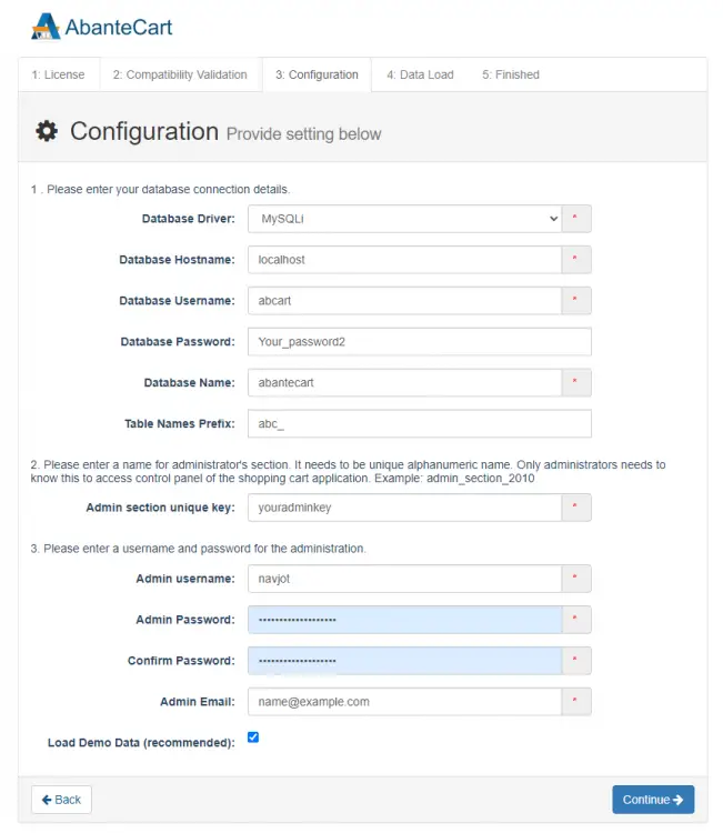 Конфигурация базы данных AbanteCart