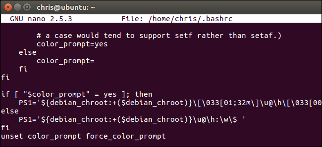 Изображение: секция PS1 в .bashrc, показывающая шаблон с u и h
