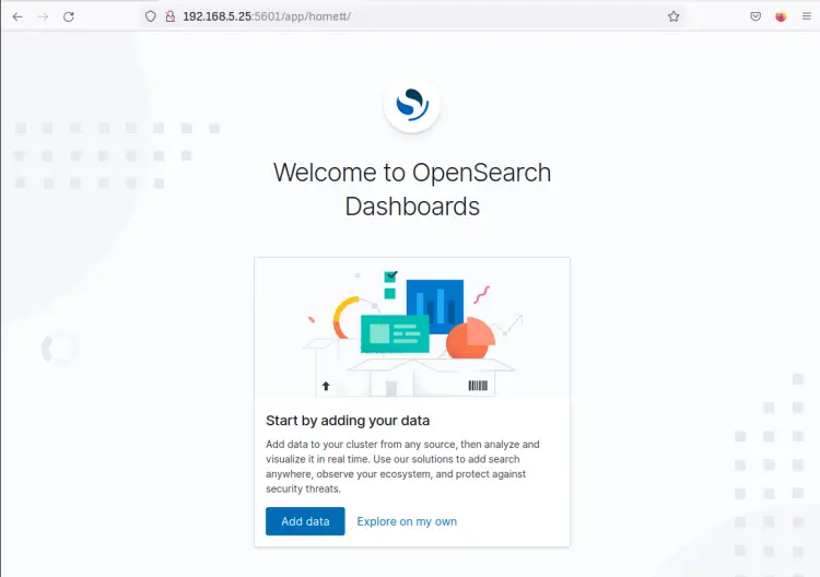 Página de bienvenida de OpenSearch Dashboards