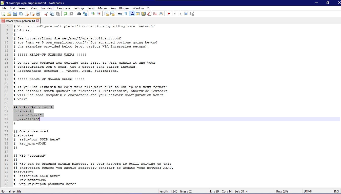 Octoprint Wifi settings