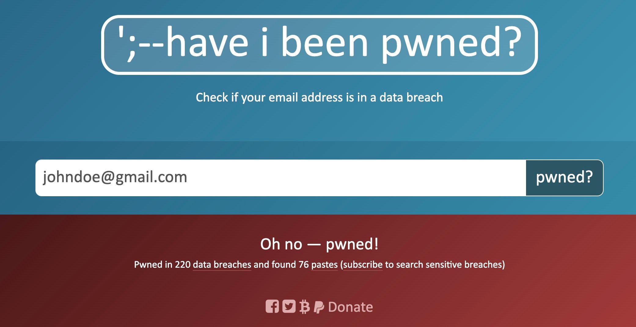 скрин результатов проверки на сайте Have I Been Pwned
