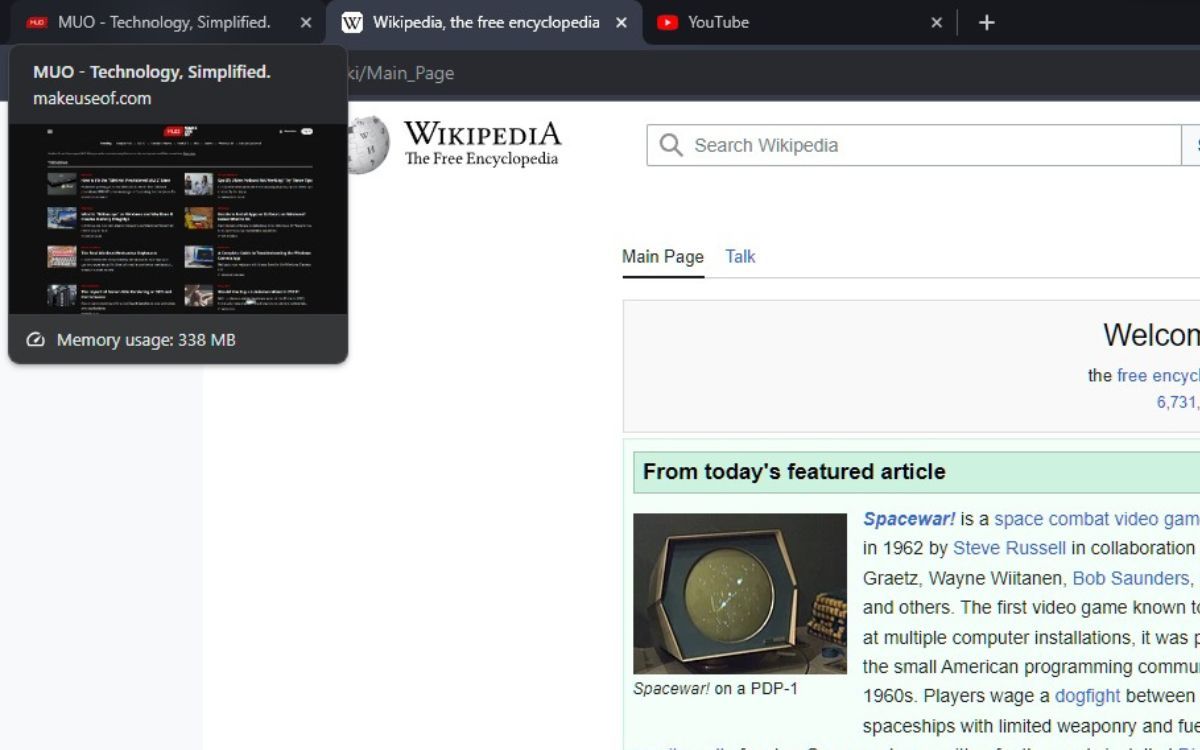 Скриншот hovercard с информацией о потреблении памяти для вкладки сайта MakeUseOf