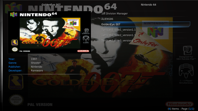 Список игр в ROM Collection Browser с примером GoldenEye 007
