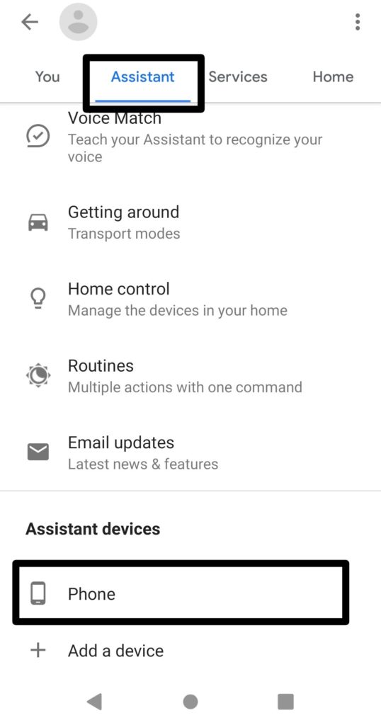 Выбор устройства Телефон для Google Assistant