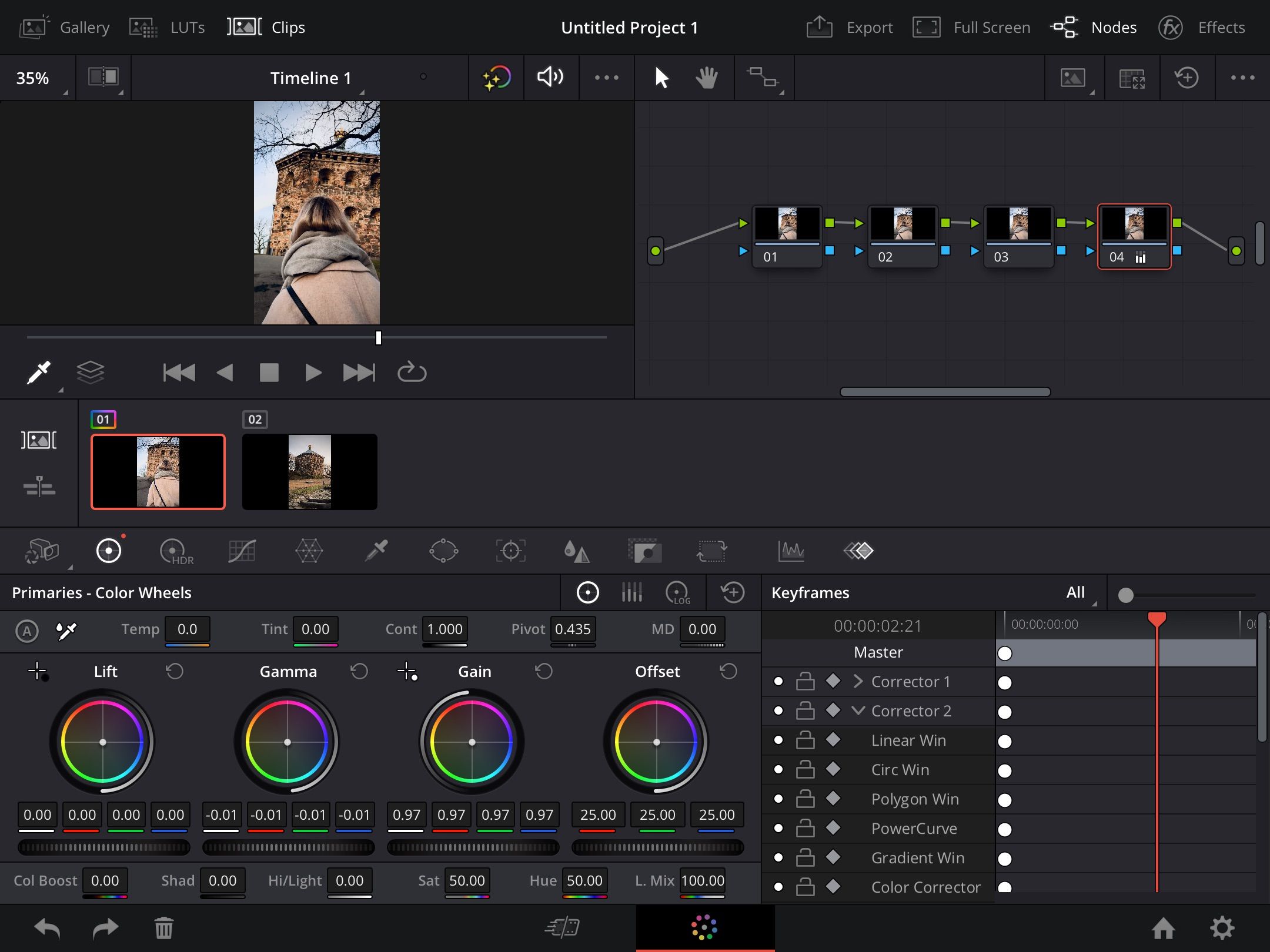 Скриншот нод в DaVinci Resolve: узлы и их соединения в окне Color
