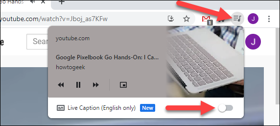 переключатель Live Caption в тулбаре Chrome