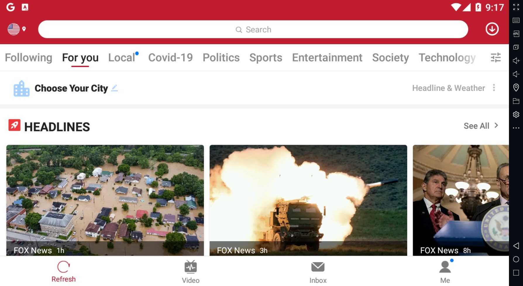 Запущенное приложение Opera News в окне эмулятора на ПК