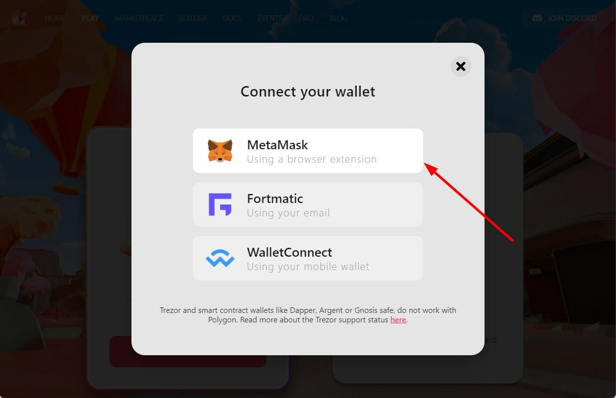 Выбор MetaMask в списке кошельков