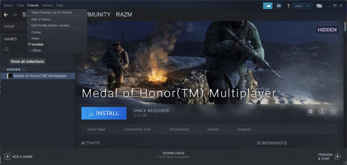 Установить статус Невидимый в Steam