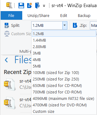 Меню выбора размера частей архива в WinZip
