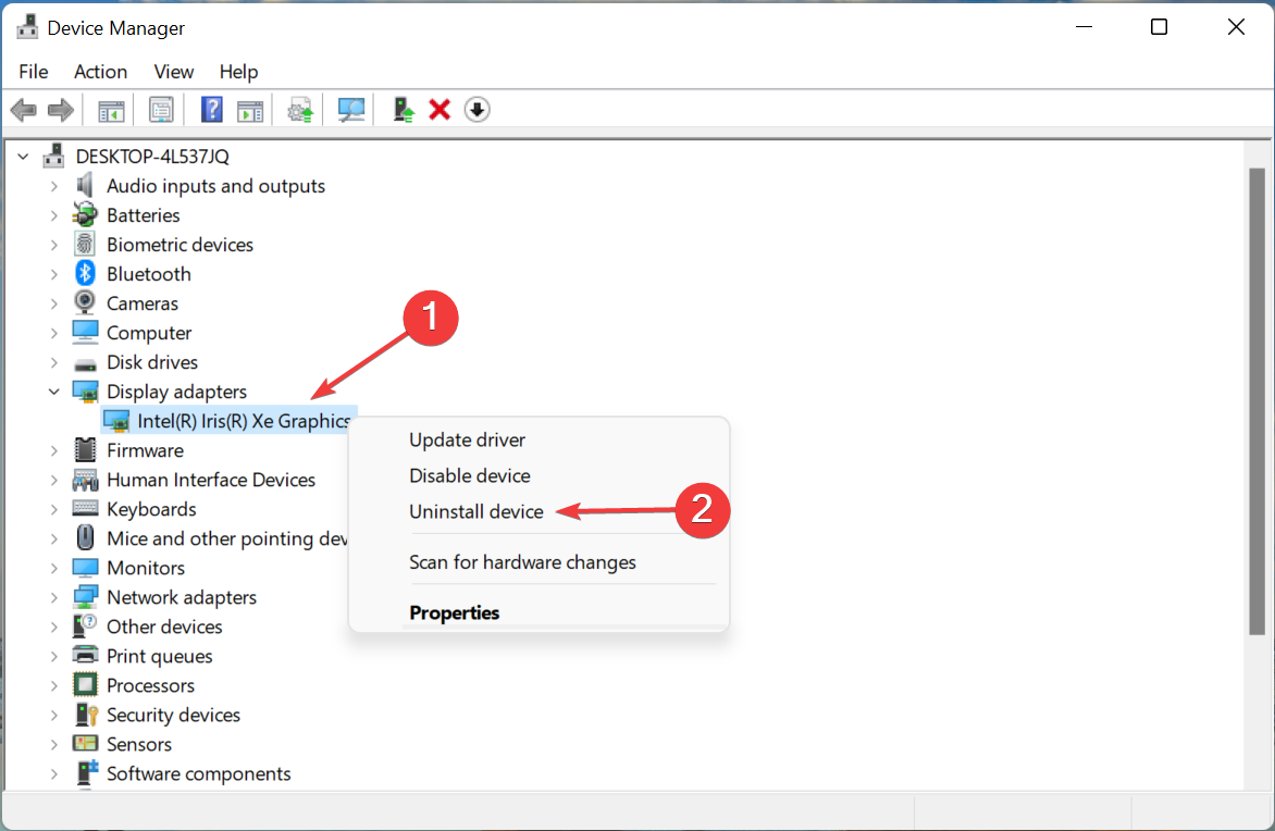 Удаление устройства в Диспетчере устройств для устранения кода 43