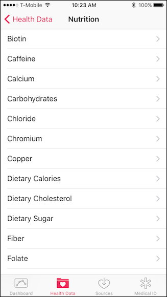 Пункты питания в разделе Nutrition приложения Health