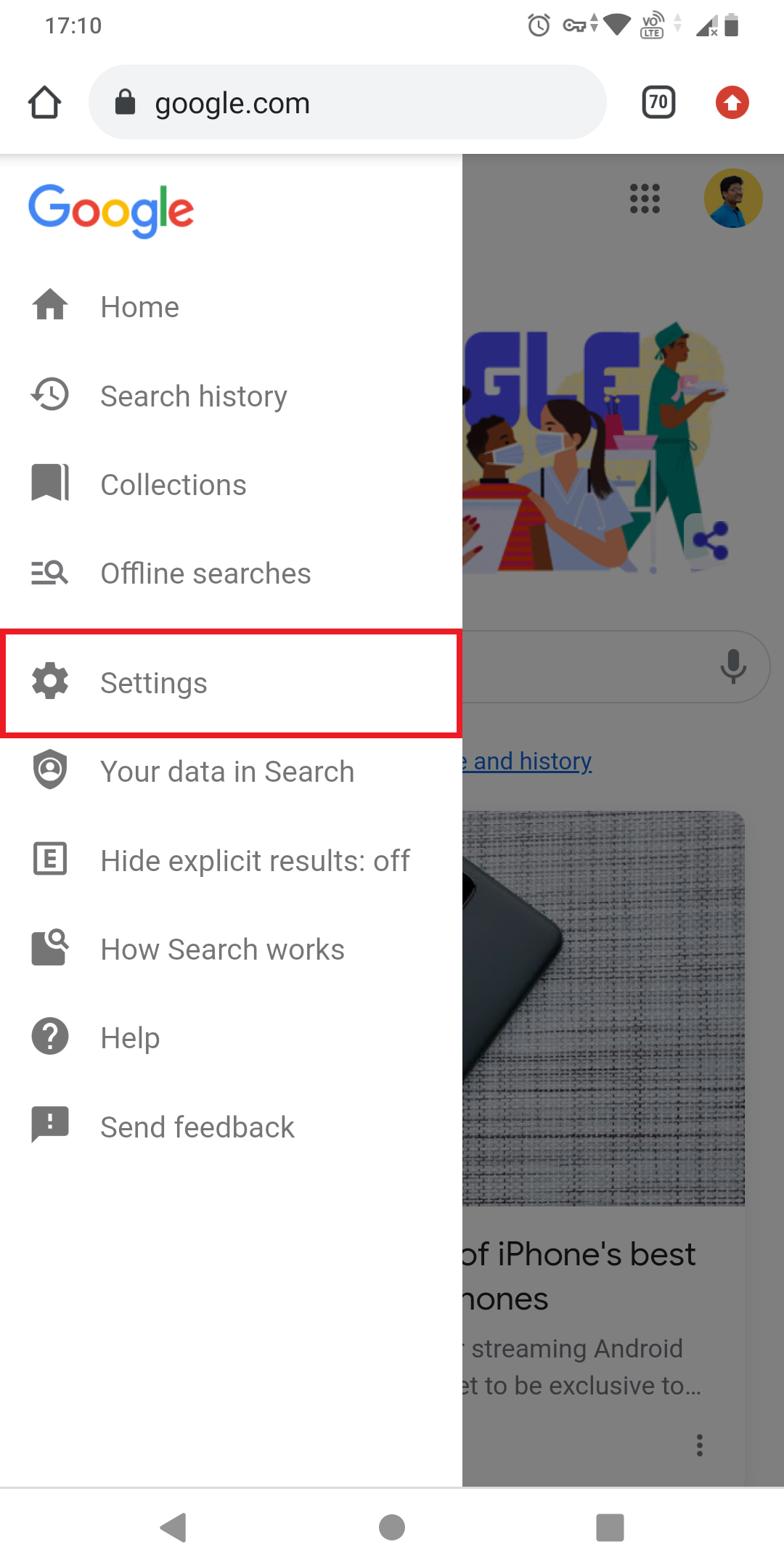 Скриншот: бургер-меню на мобильной странице Google