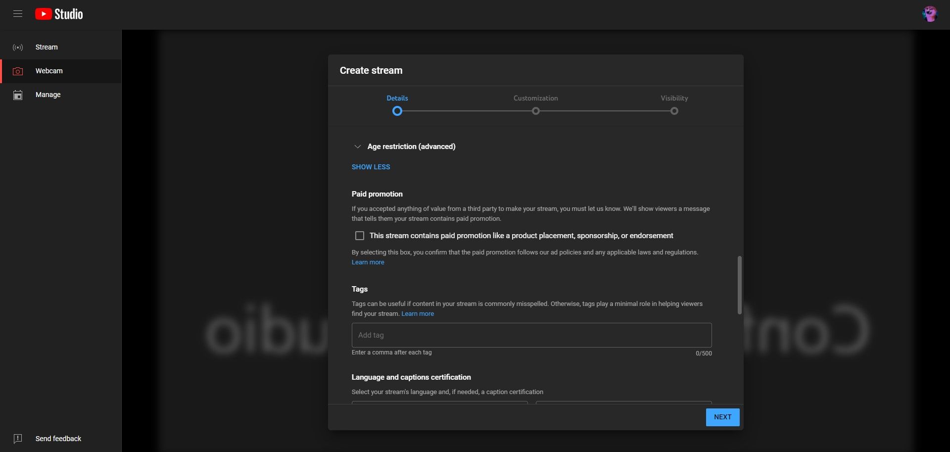 дополнительные настройки трансляции YouTube