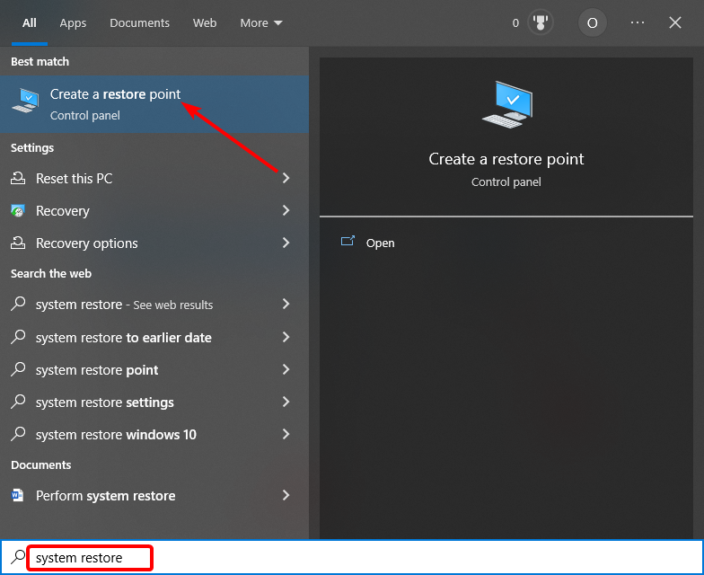 Поиск — Создать точку восстановления