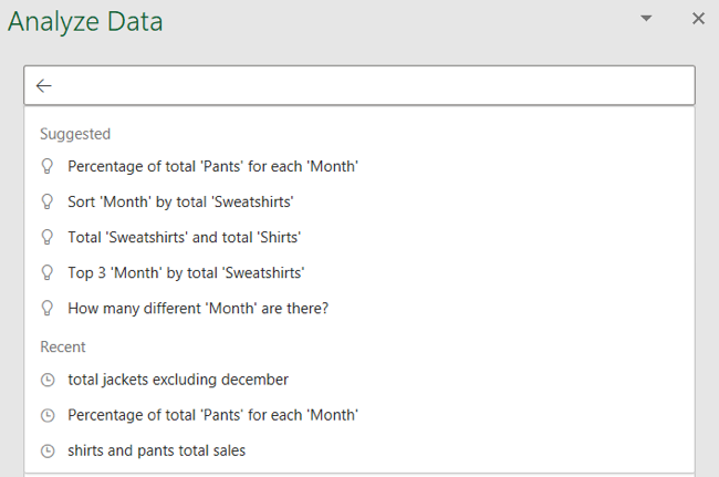 Подсказки и недавние вопросы в панели Анализ данных