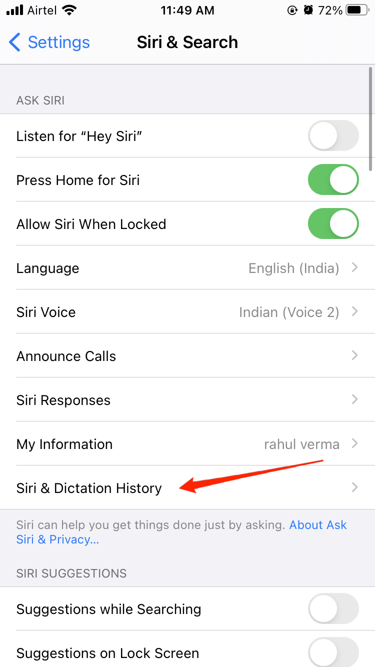 Нажмите История Siri и диктовки