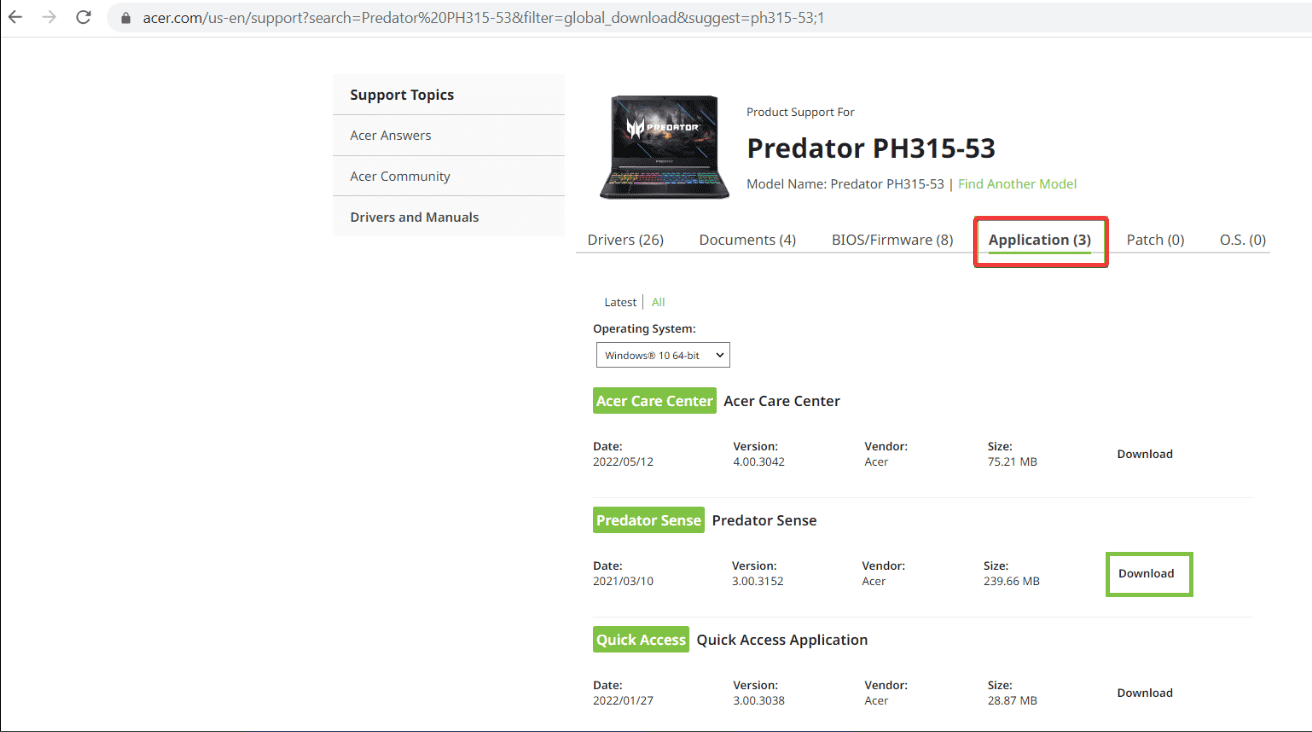 Вкладка «Приложения» на сайте Acer с кнопкой «Скачать» рядом с PredatorSense
