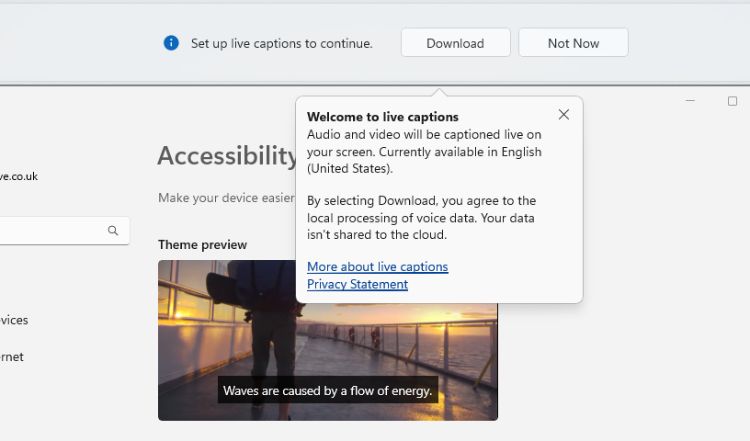Окно включения живых субтитров в Windows 11