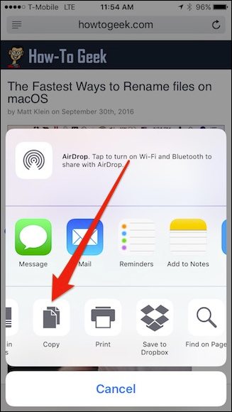 Пример панели общего доступа на iOS
