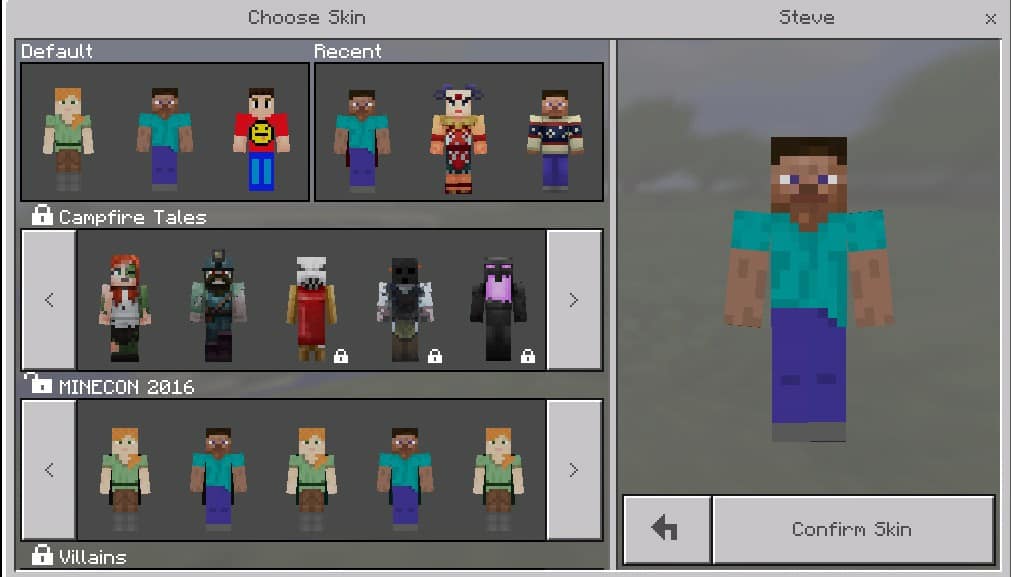 Экран смены скина в мобильном Minecraft