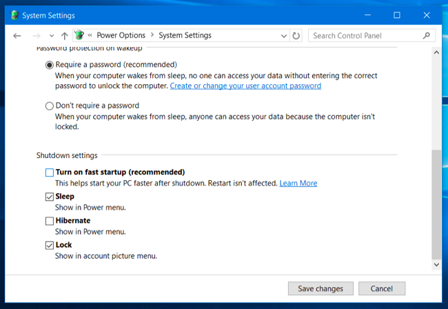 Снимок экрана: опция быстрого запуска в Windows отключена