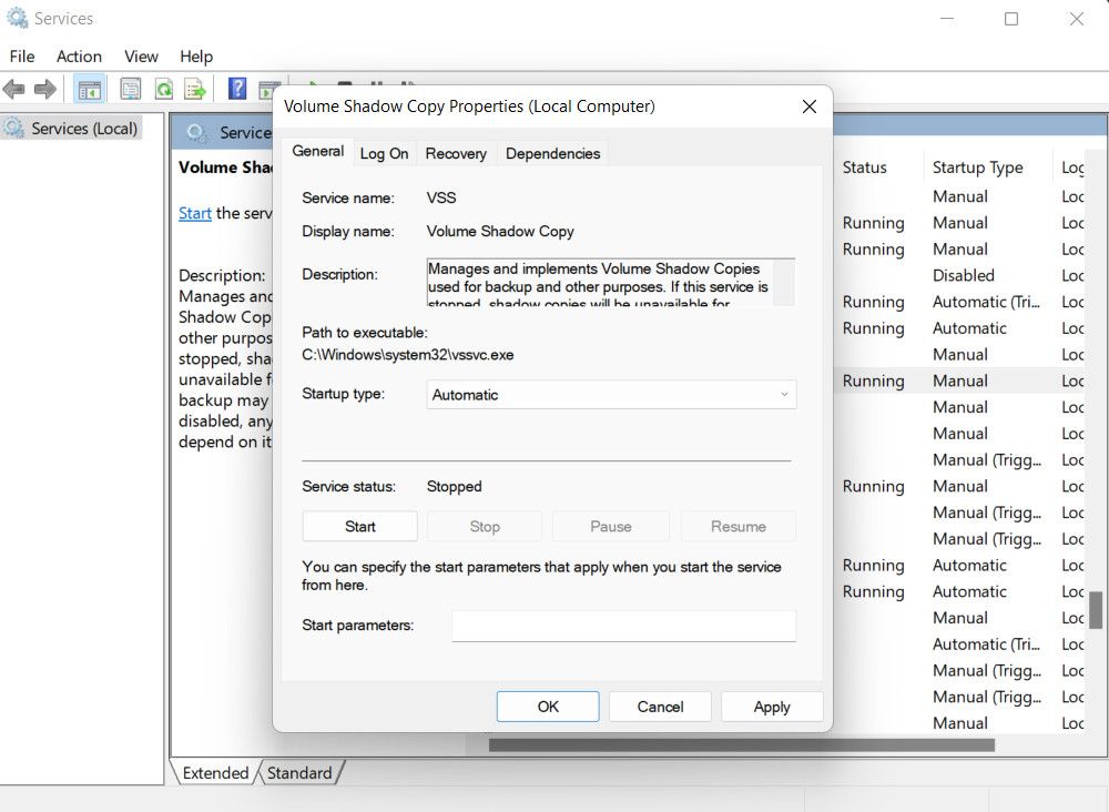 Запуск службы VSS