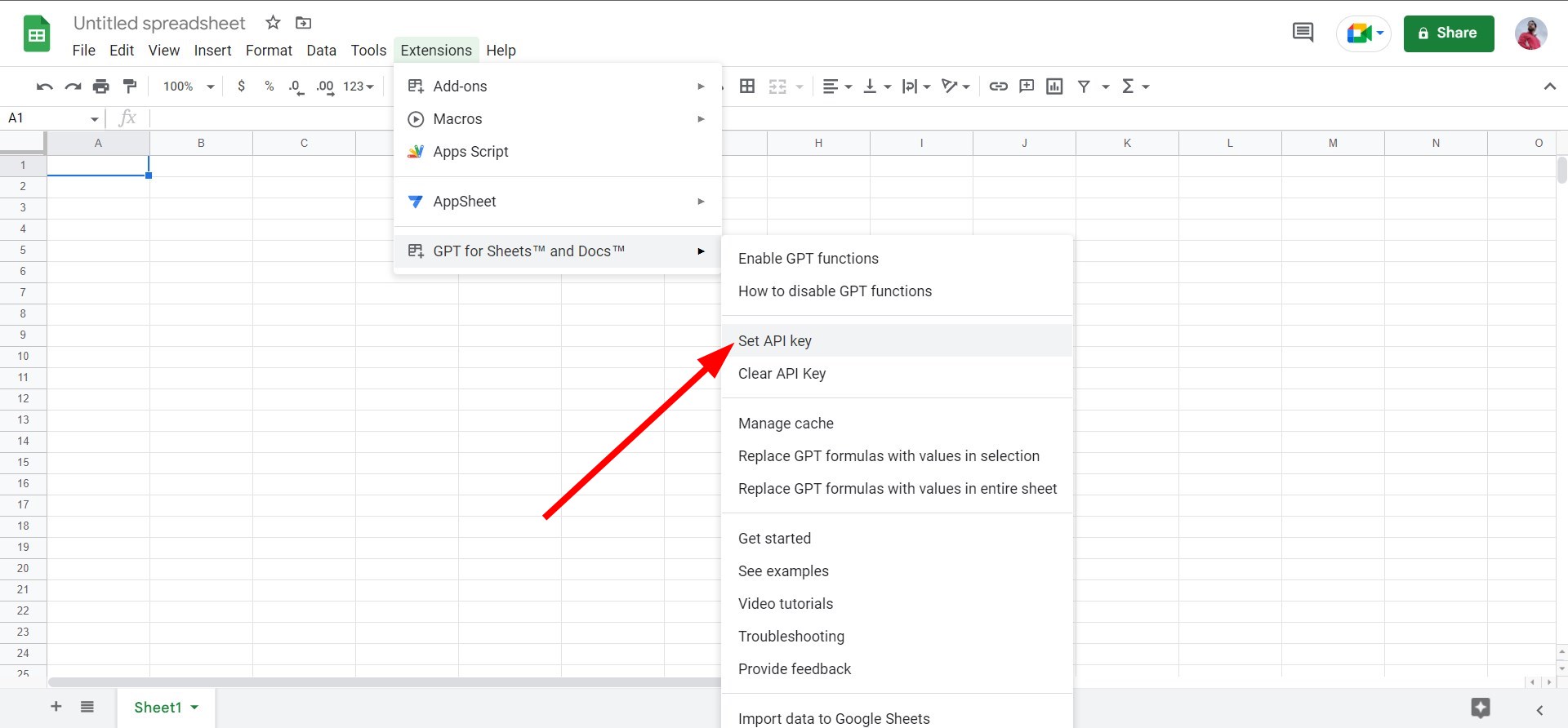 Опция Set API Key в расширении GPT for Sheets and Docs
