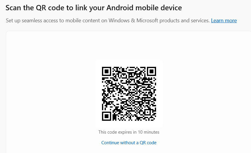 Отображение QR‑кода для привязки Android‑устройства к Phone Link