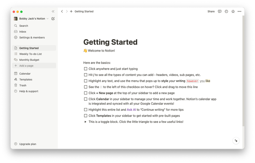 Окно Notion с выделенным пунктом Добавить страницу