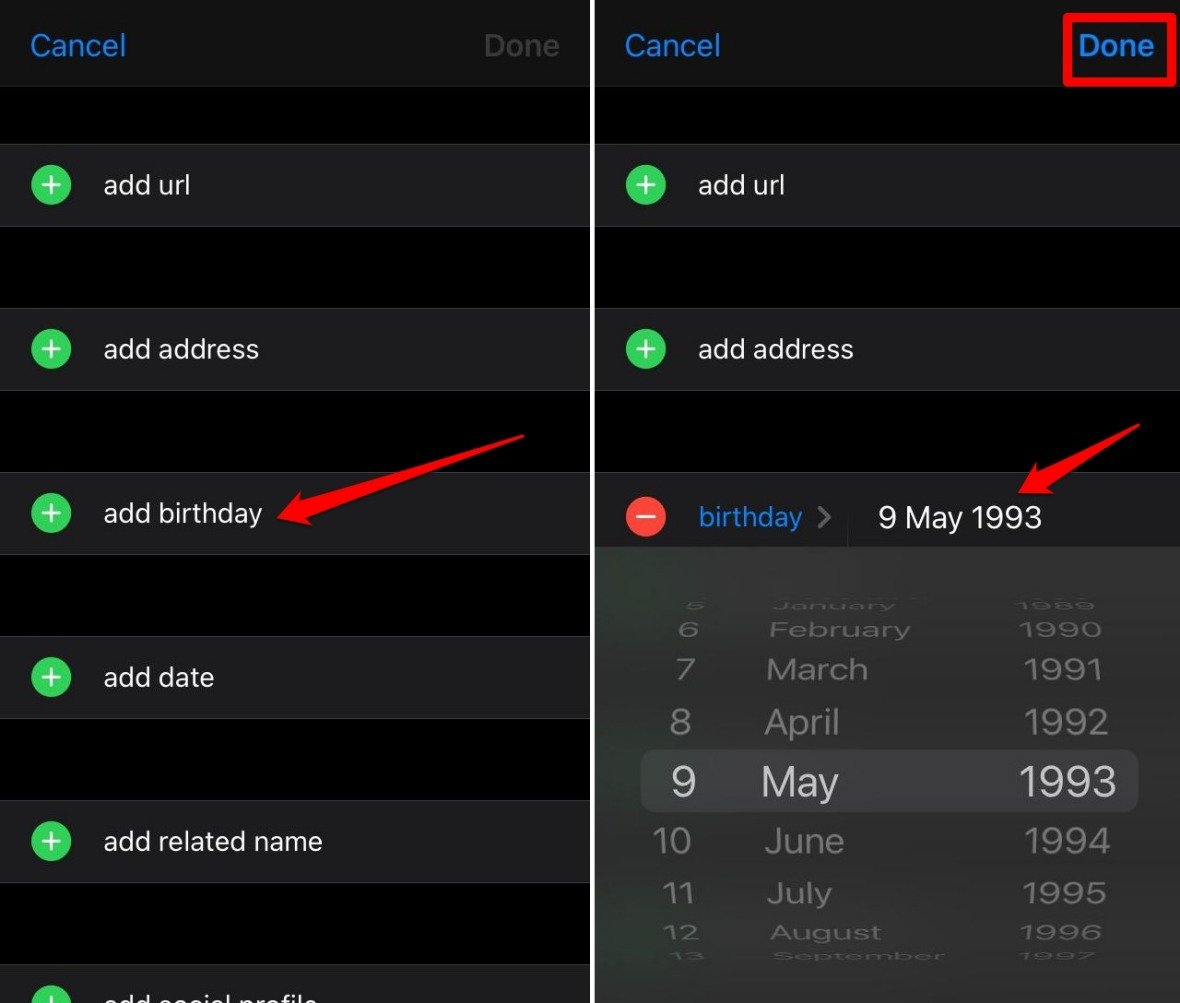 Установка даты рождения в карточке контакта iPhone