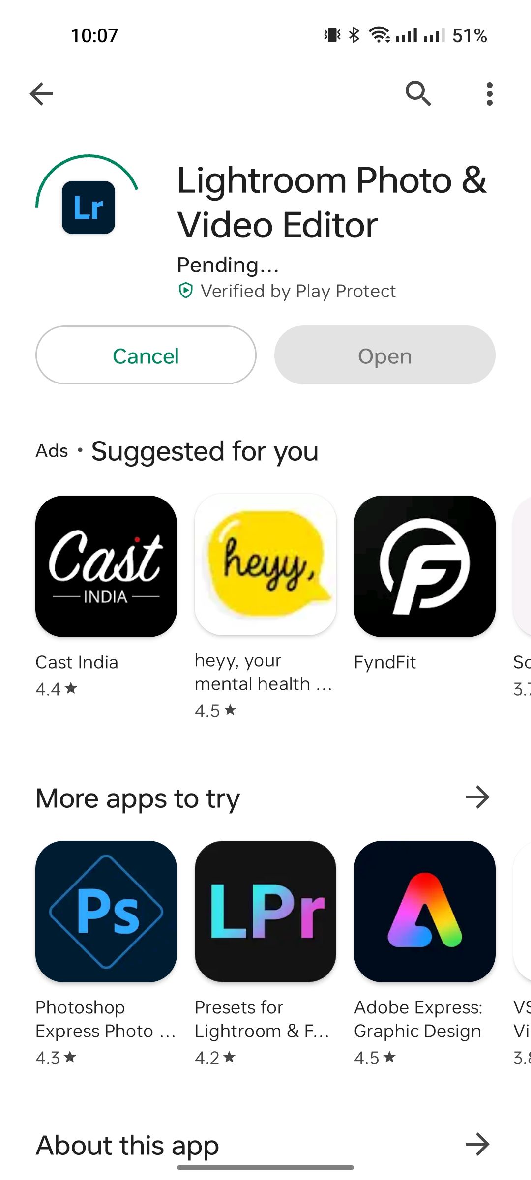 Установка Lightroom в Play Store — индикатор прогресса