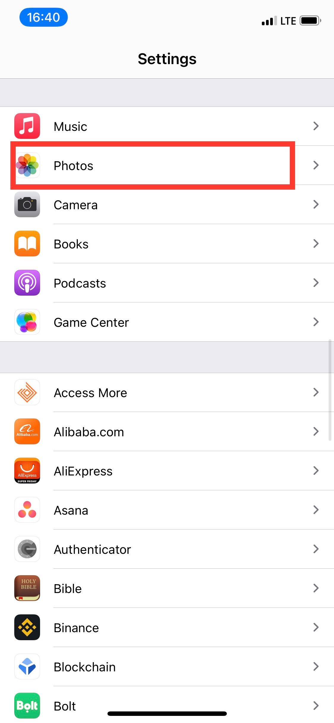 Параметр Фото в настройках iPhone