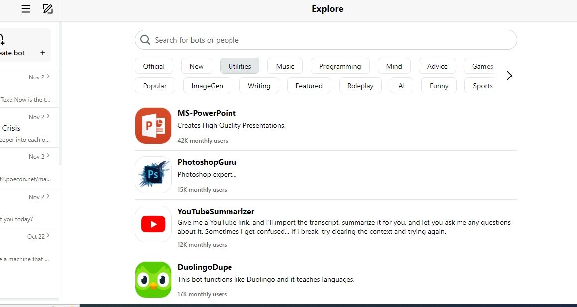 Каталог ботов Poe на странице Explore