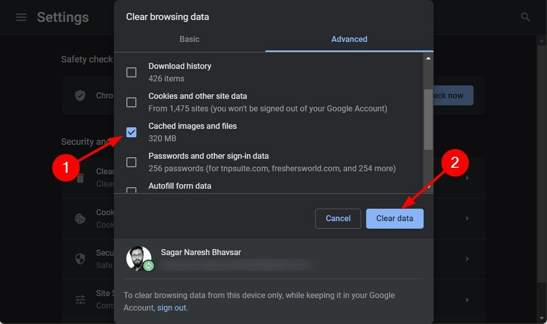 Кнопка очистки данных в Chrome