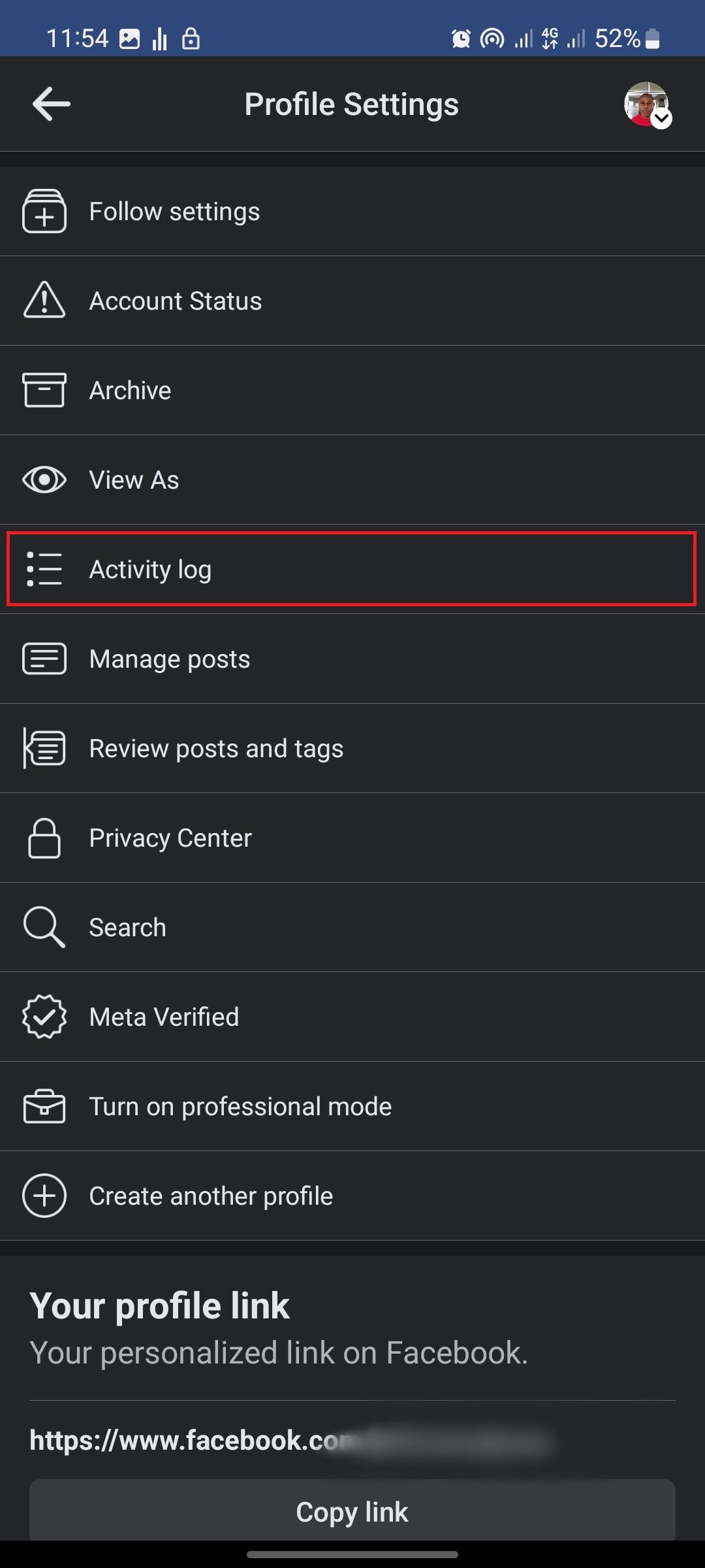 Facebook profile menu page screenshot