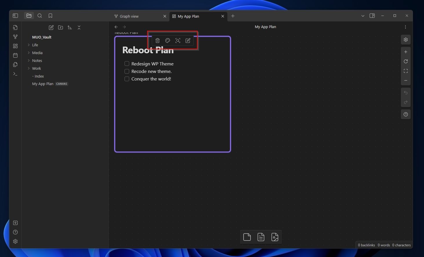 Мини меню быстрых действий для заметки на Canvas