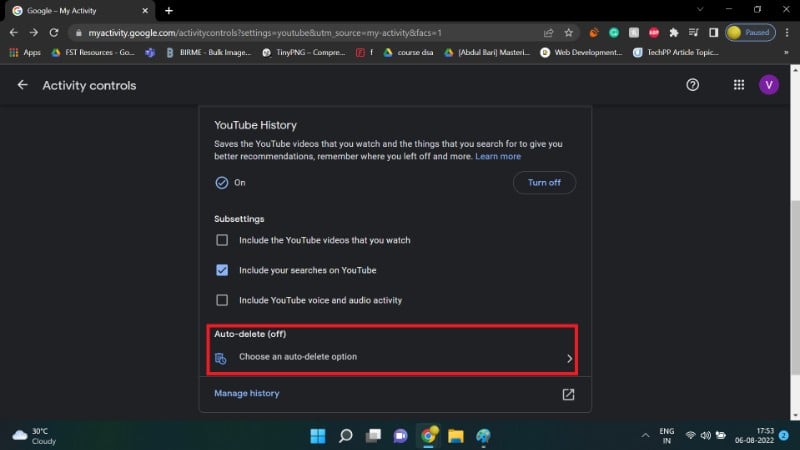 auto delete youtube watch history step 2