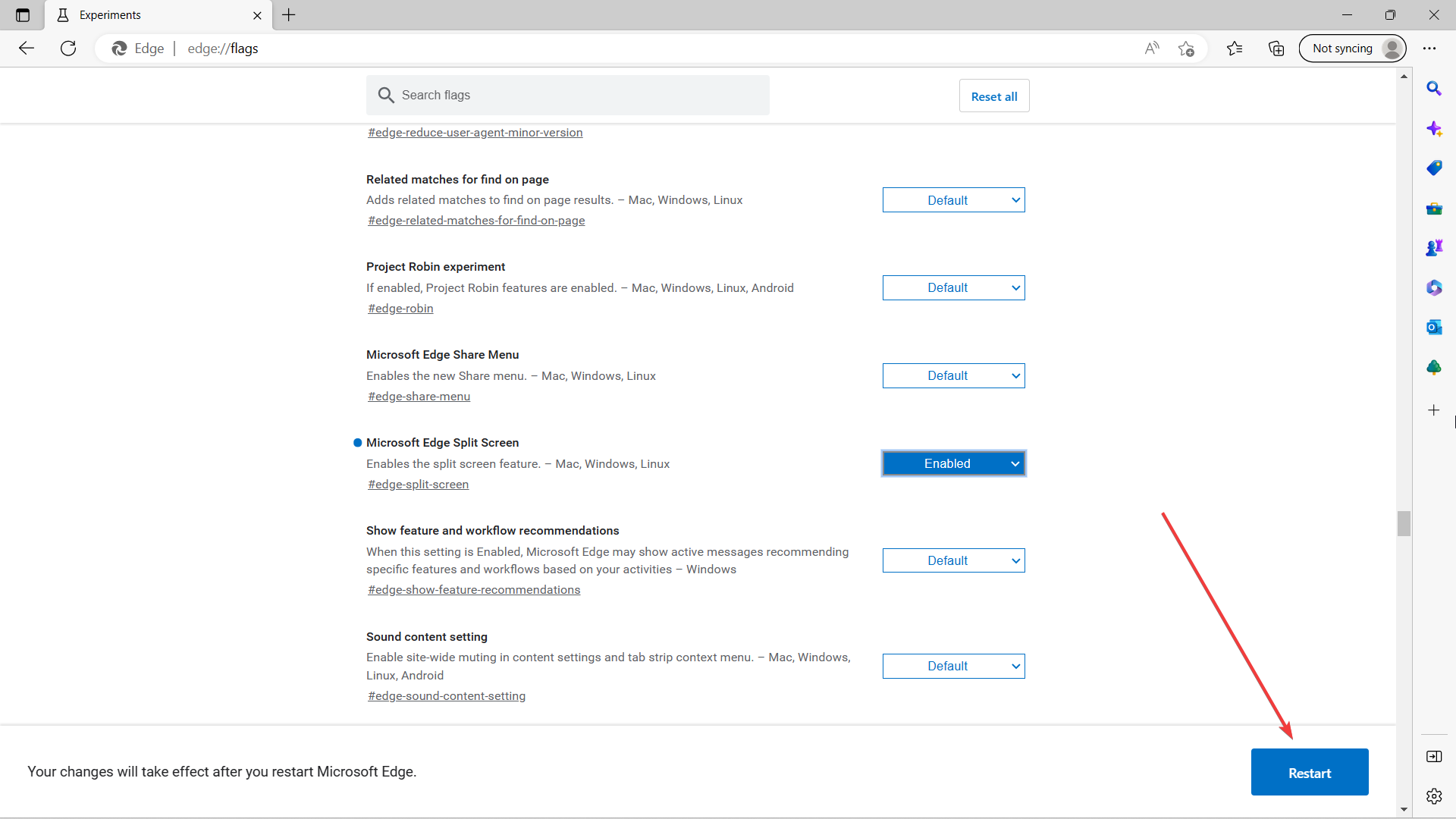 Кнопка Restart для перезапуска браузера после изменения флагов