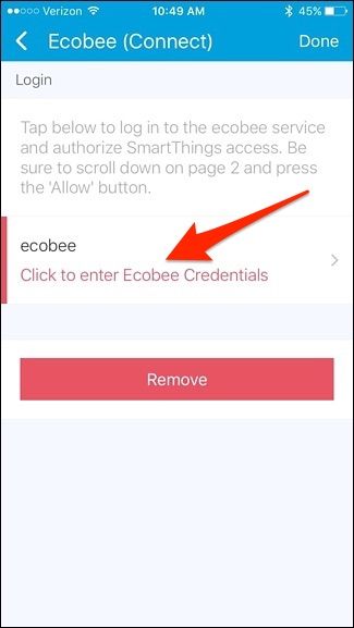 Поле ввода учётных данных Ecobee