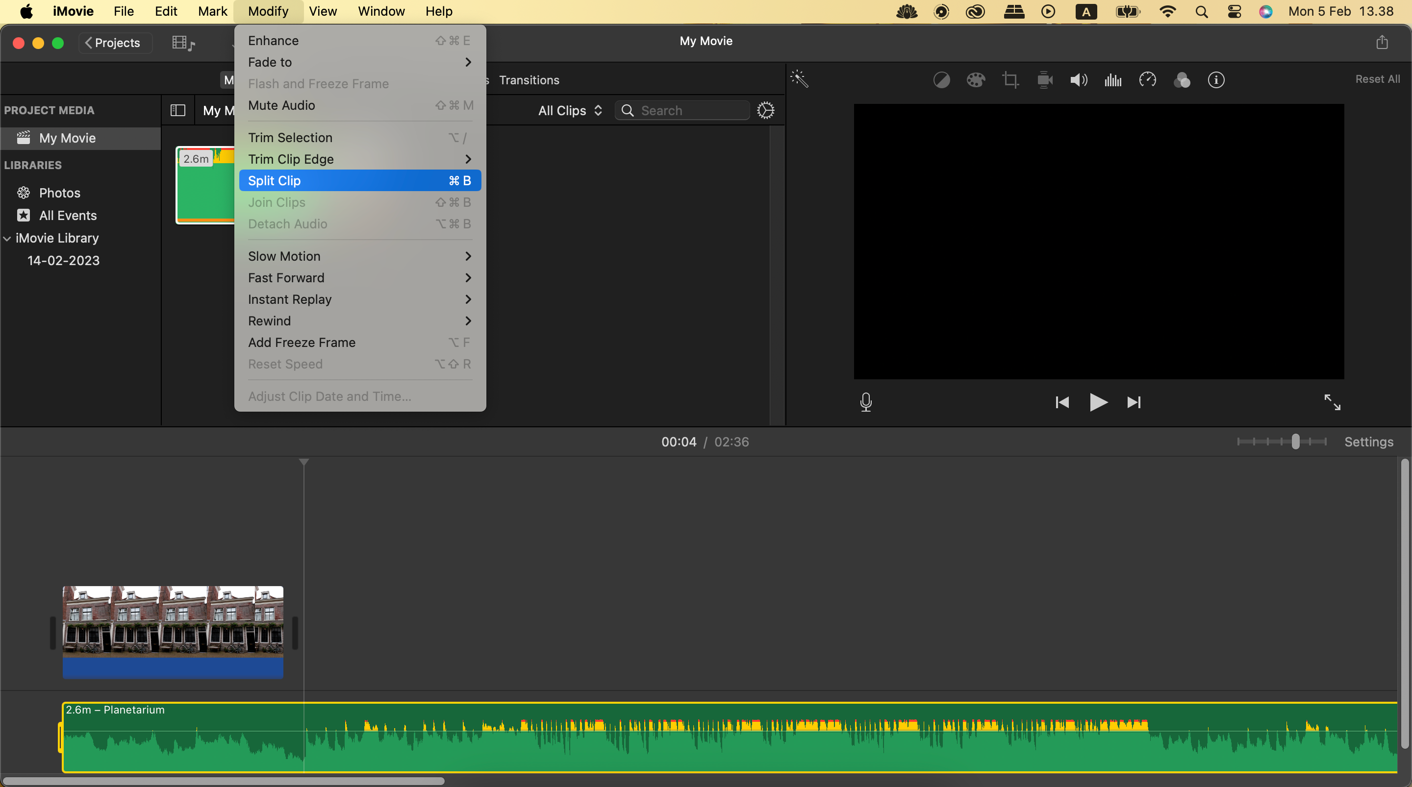 Опция разделить клип в iMovie