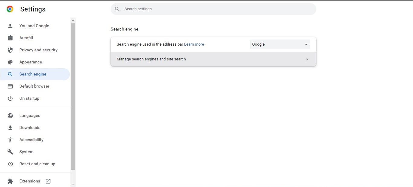 Открытие опции Управление поисковыми системами и поиском по сайтам в настройках Chrome