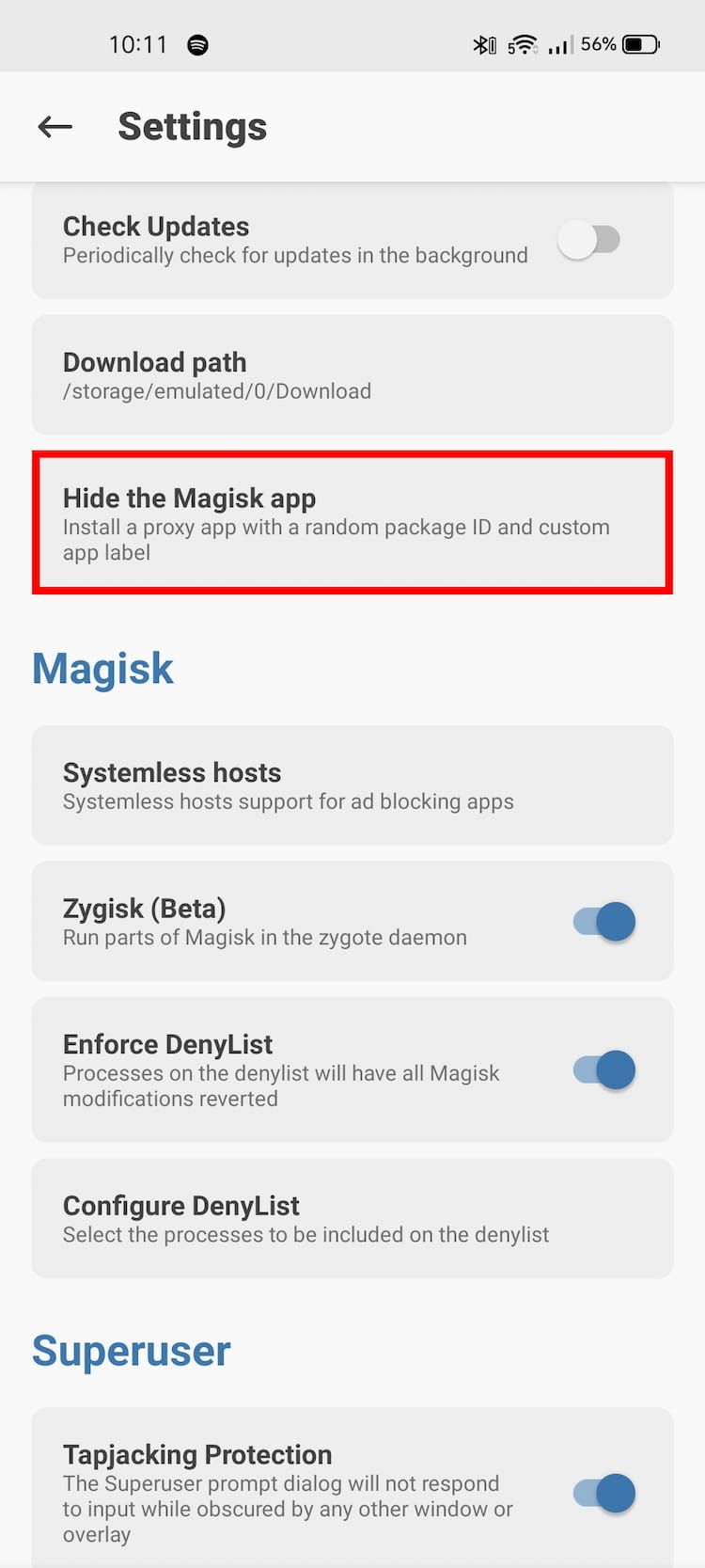 Опция скрытия Magisk в настройках