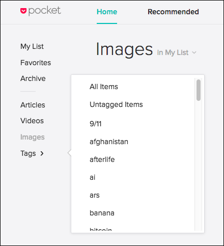 Навигационная колонка с перечнем тегов в Pocket