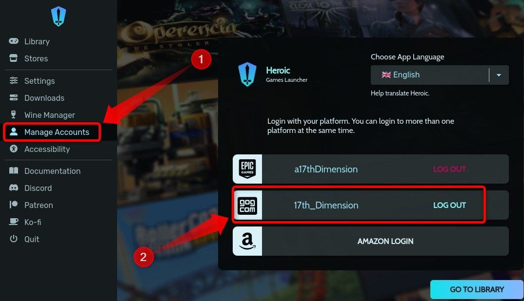 Вкладка управления аккаунтами в Heroic Games Launcher.