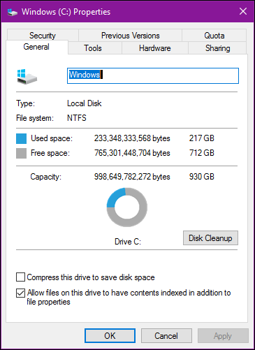 Проверка свойств диска в Windows