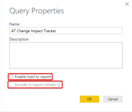 Свойства запроса Power BI с выделенными опциями
