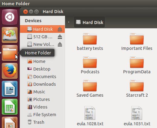 Файловый менеджер Ubuntu, показывающий подключённые диски и папки пользователя