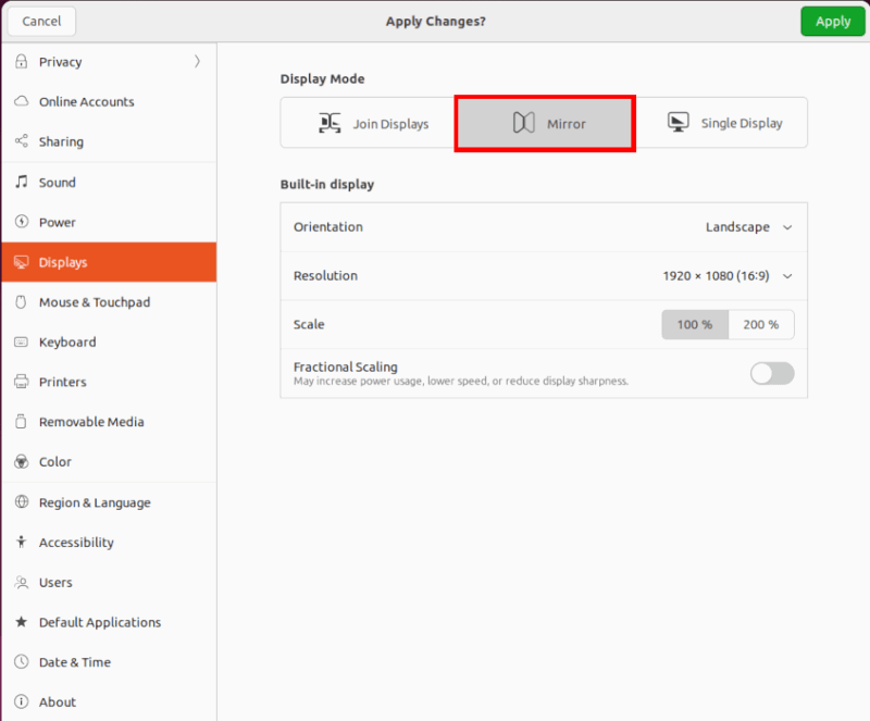 Скриншот включения режима Зеркалирование в GNOME.