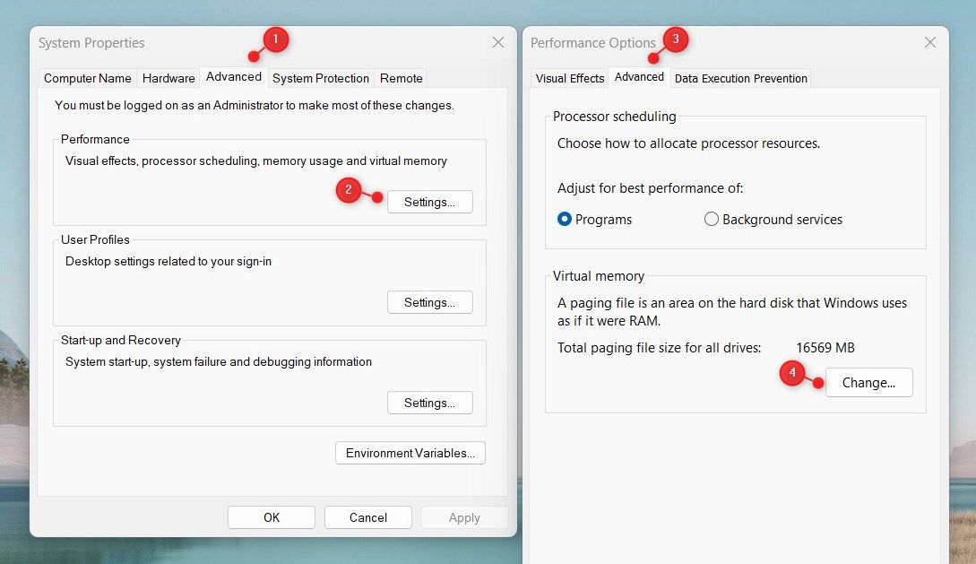 Окно настроек производительности в Windows 11